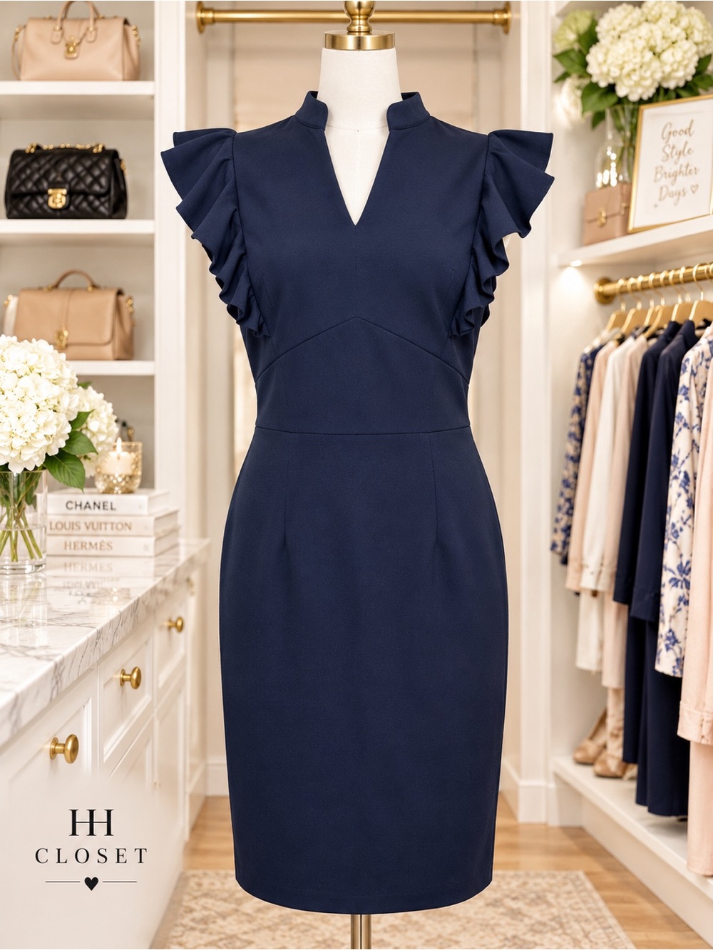 Knitee Women's Navy Midi Dress with Ruffle Sleeves Accentuated Waistband Sz M
